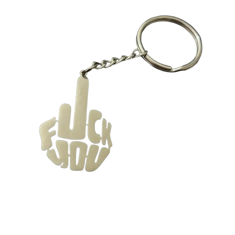 Custom stainless steel keychain in silver with a hand gesture design and bold cut out fuck you lettering