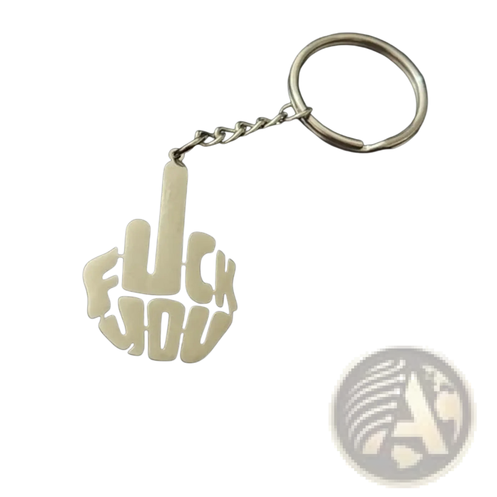 Custom stainless steel keychain in silver with a hand gesture design and bold cut out fuck you lettering