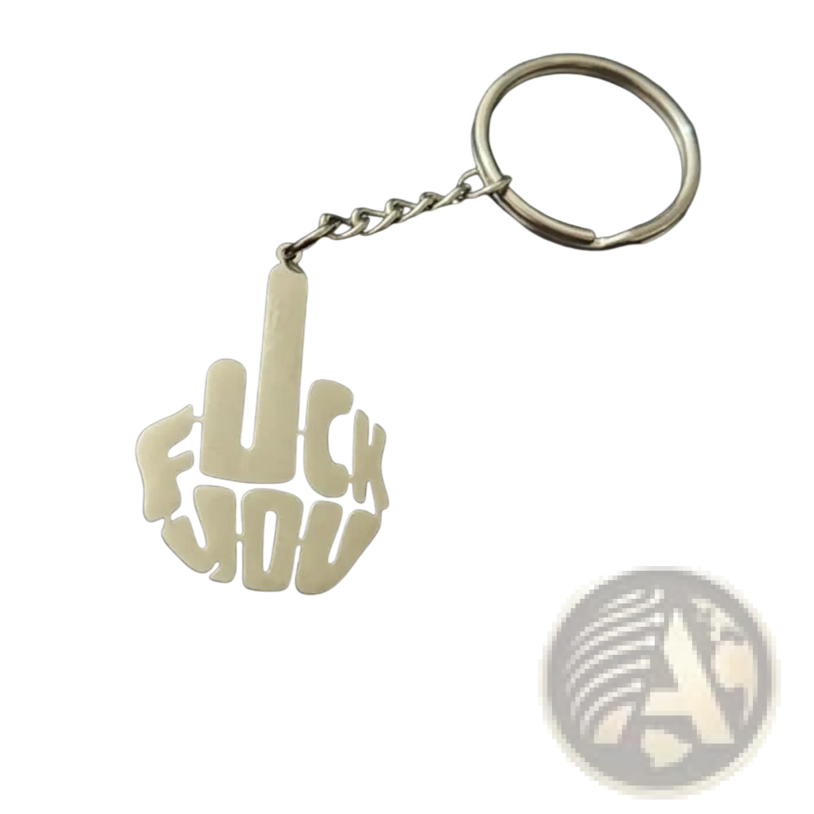 Custom stainless steel keychain in silver with a hand gesture design and bold cut out fuck you lettering