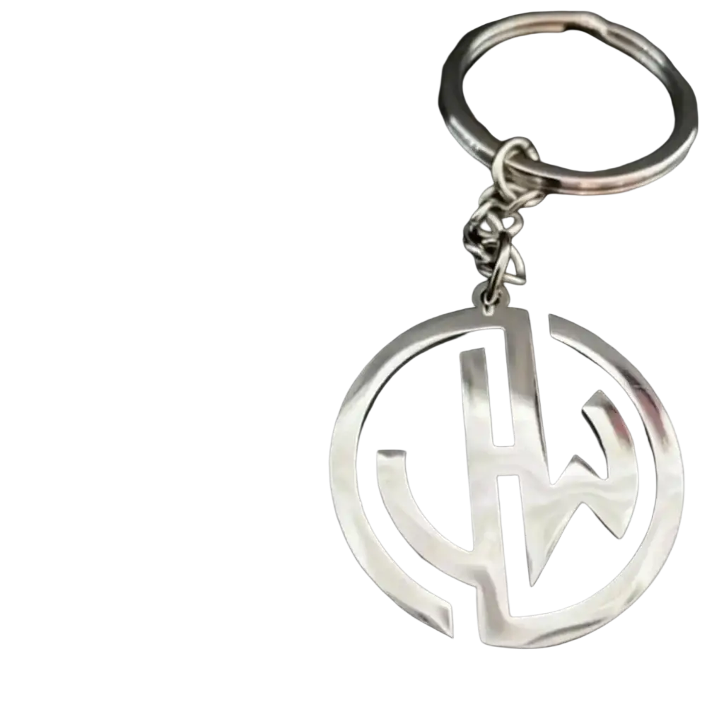 Custom stainless steel logo keychain in silver metallic featuring a circular cutout design with an abstract logo