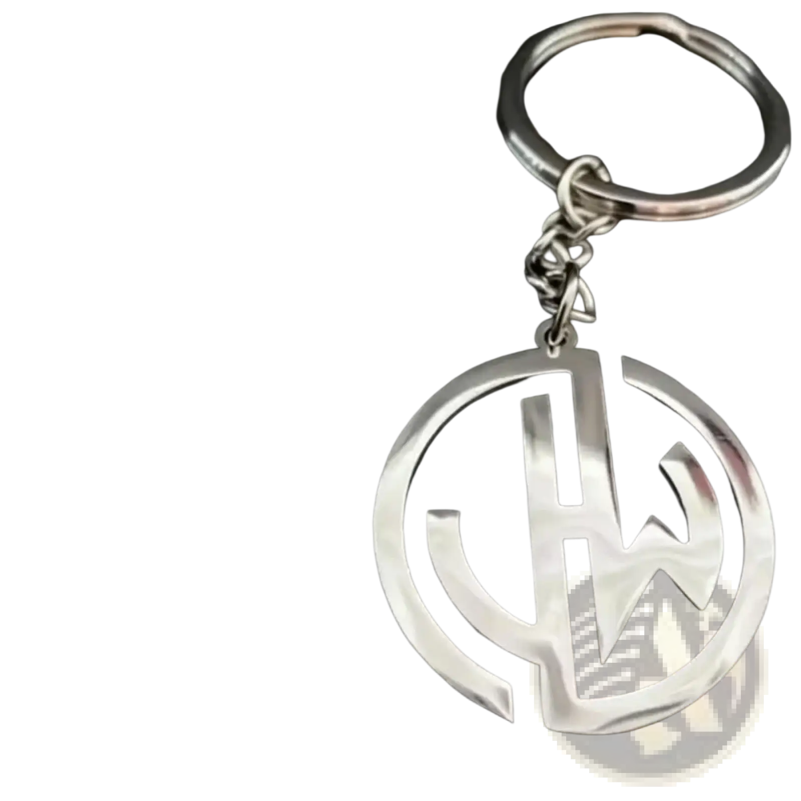 Custom stainless steel logo keychain in silver metallic featuring a circular cutout design with an abstract logo
