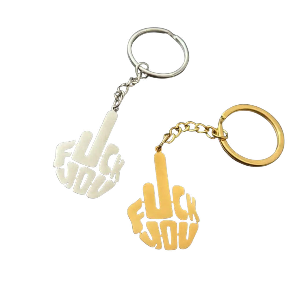 Custom stainless steel logo keychain featuring silver and gold metallic hand gesture designs on two keychains