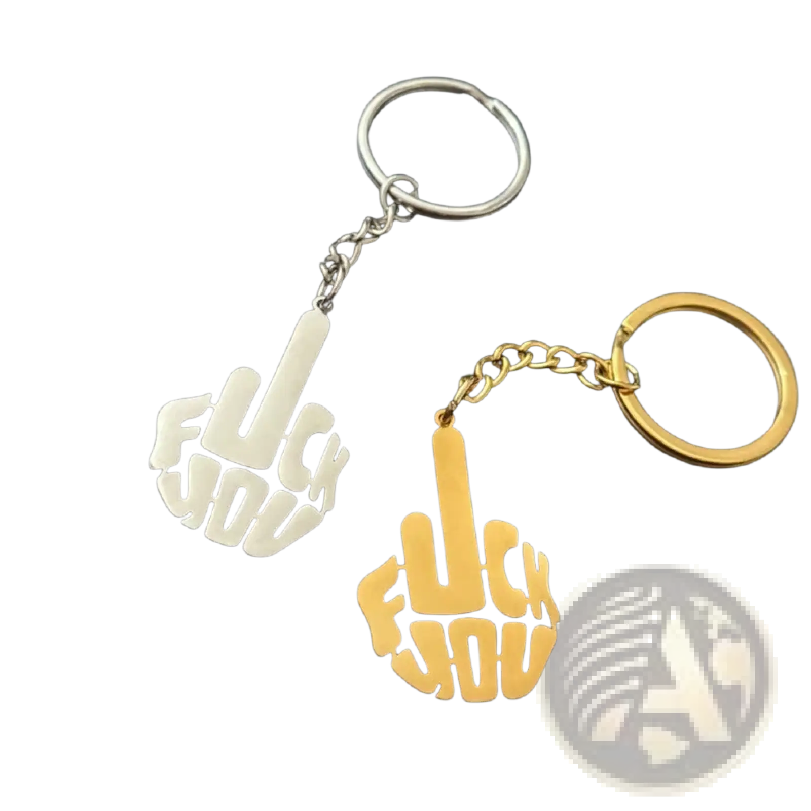 Custom stainless steel logo keychain featuring silver and gold metallic hand gesture designs on two keychains