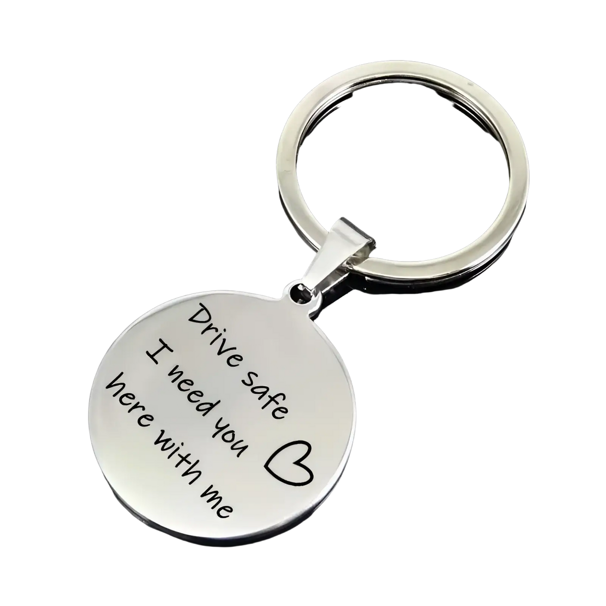 Custom sterling silver drive safe engraved keychain silver 925 with round disc pendant and heart symbol engraving