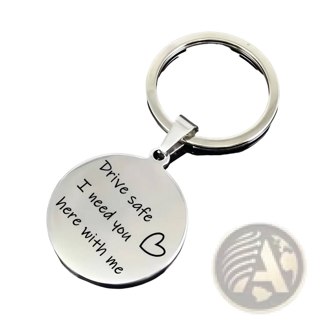 Custom sterling silver drive safe engraved keychain silver 925 with round disc pendant and heart symbol engraving