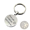 Silver circular sterling silver drive safe engraved keychain with message drive safe i need you here with me and heart symbol