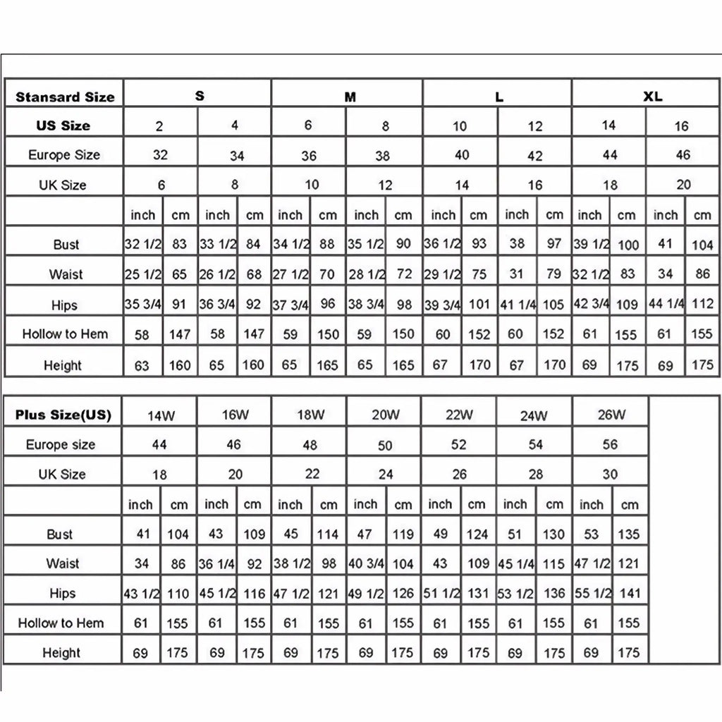 A detailed size conversion chart for custom strapless a-line satin wedding dress showing bust waist hips in inches and cm