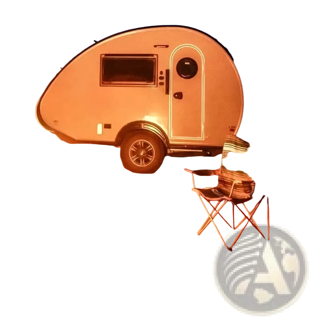 Cream-colored custom teardrop travel trailer with rounded sleek design and illuminated trim for fully equipped camping