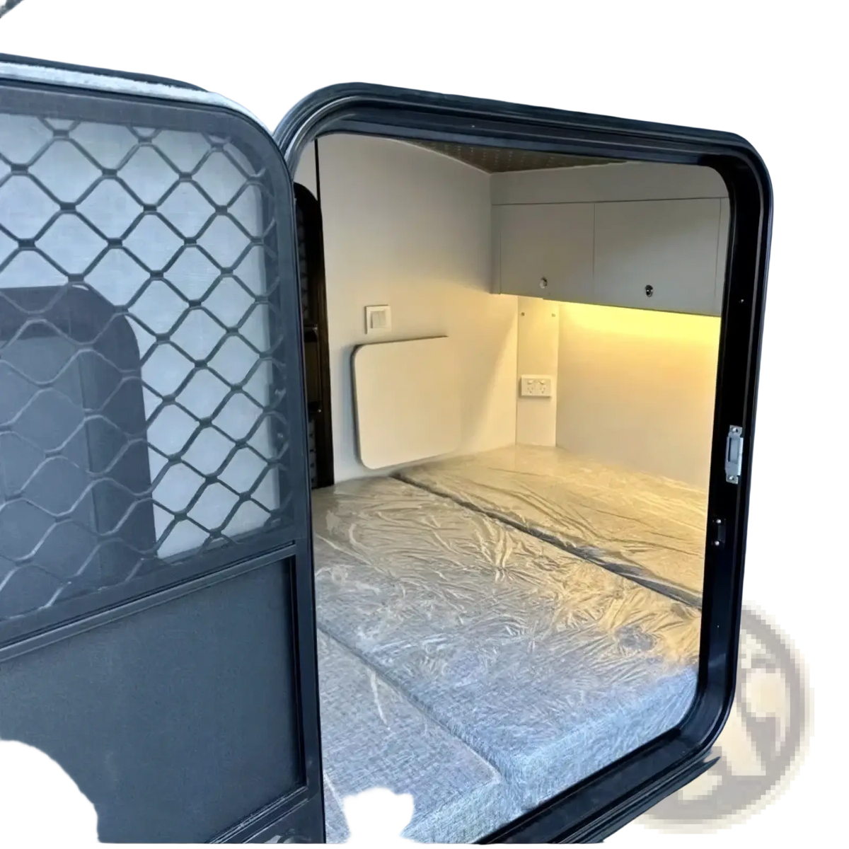 Custom teardrop travel trailer fully equipped camper with gray metallic door featuring diamond pattern mesh and black frame