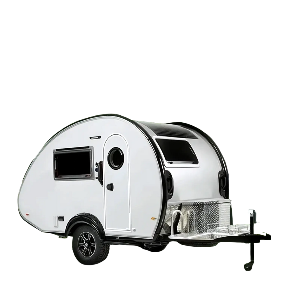 Custom teardrop travel trailer fully equipped camper white with black trim compact design windows and hitch for towing