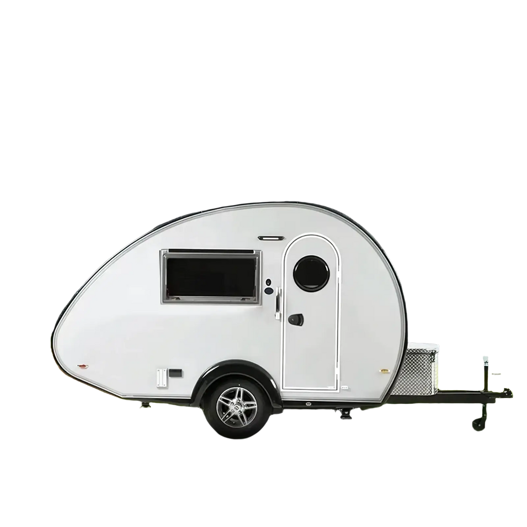 Custom white teardrop travel trailer with sleek rounded design and black accents fully equipped for camping