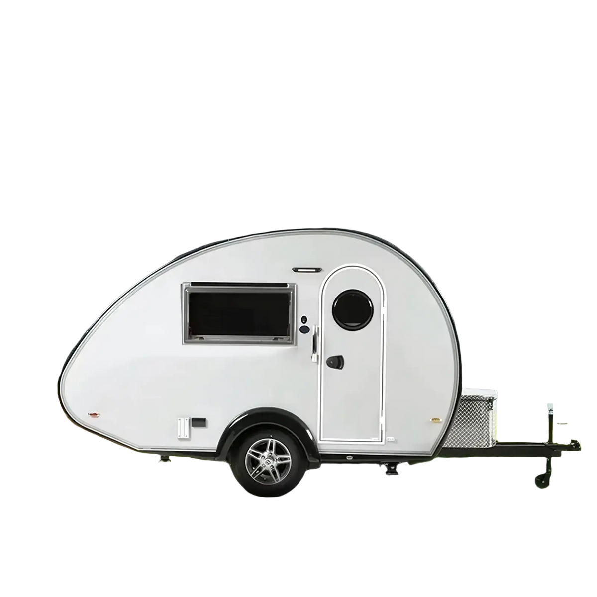 Custom white teardrop travel trailer with sleek rounded design and black accents fully equipped for camping