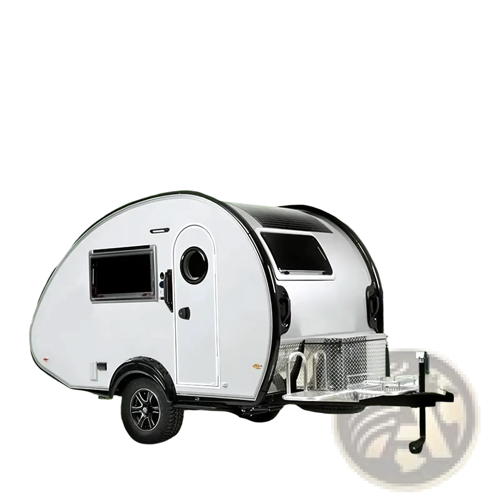 Custom teardrop travel trailer fully equipped camper white with black trim compact design windows and hitch for towing
