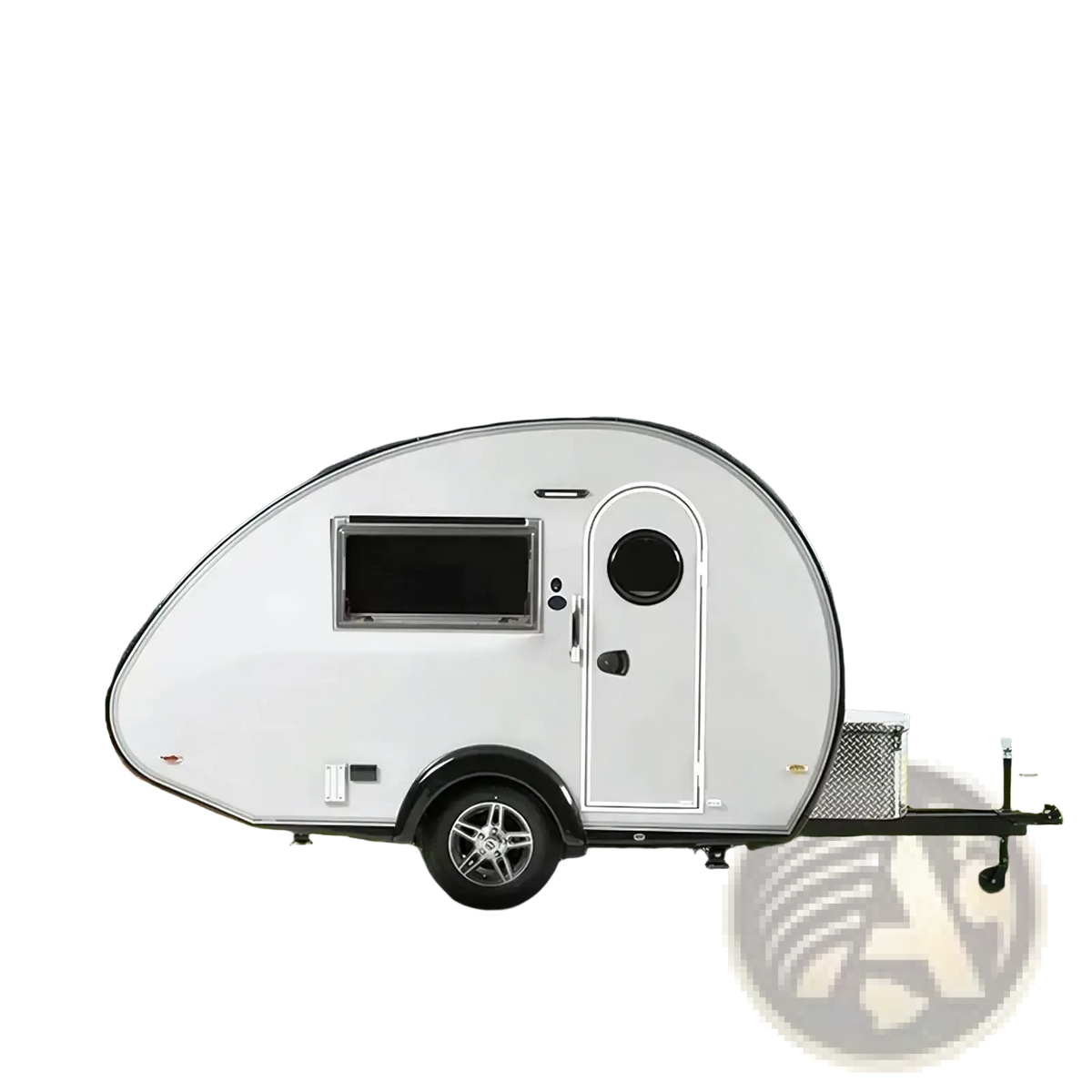 Custom white teardrop travel trailer with sleek rounded design and black accents fully equipped for camping