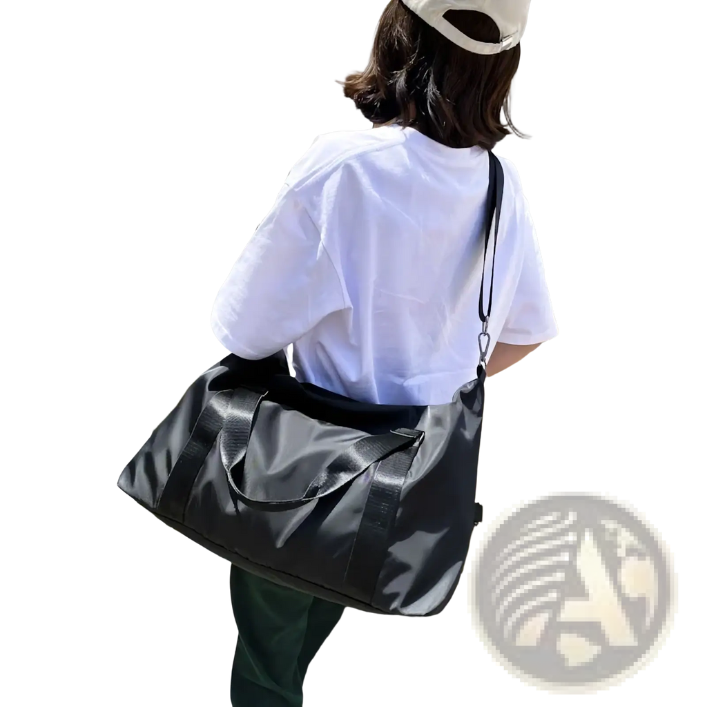 Black nylon custom travel duffel bag with reinforced handles and shoulder strap waterproof women weekender tote