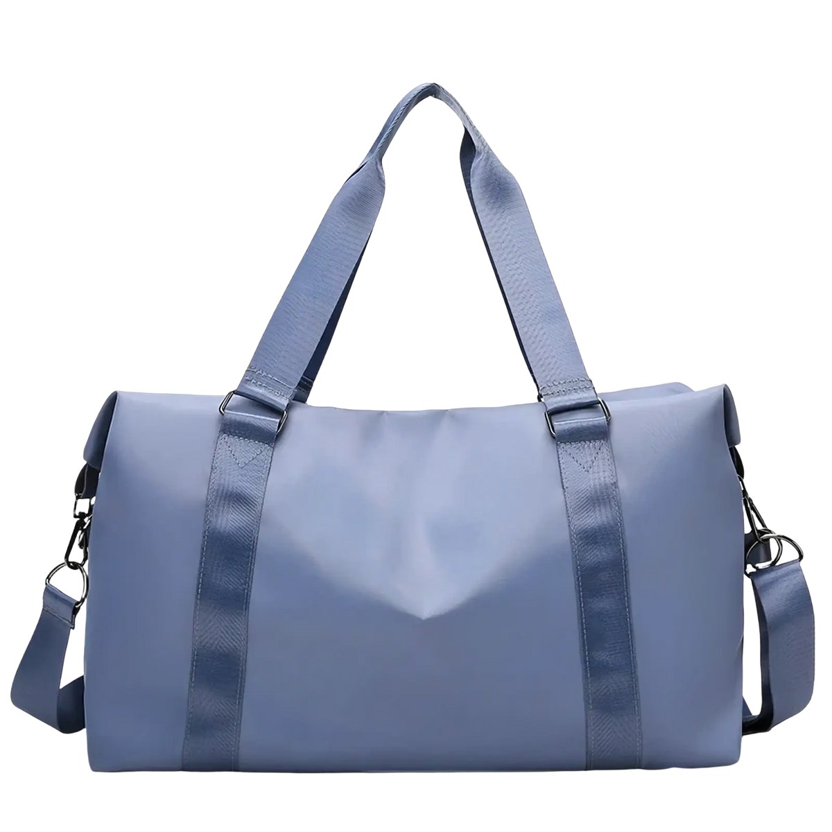 Light blue nylon custom travel duffel bag with reinforced straps and metal hardware for women weekender tote