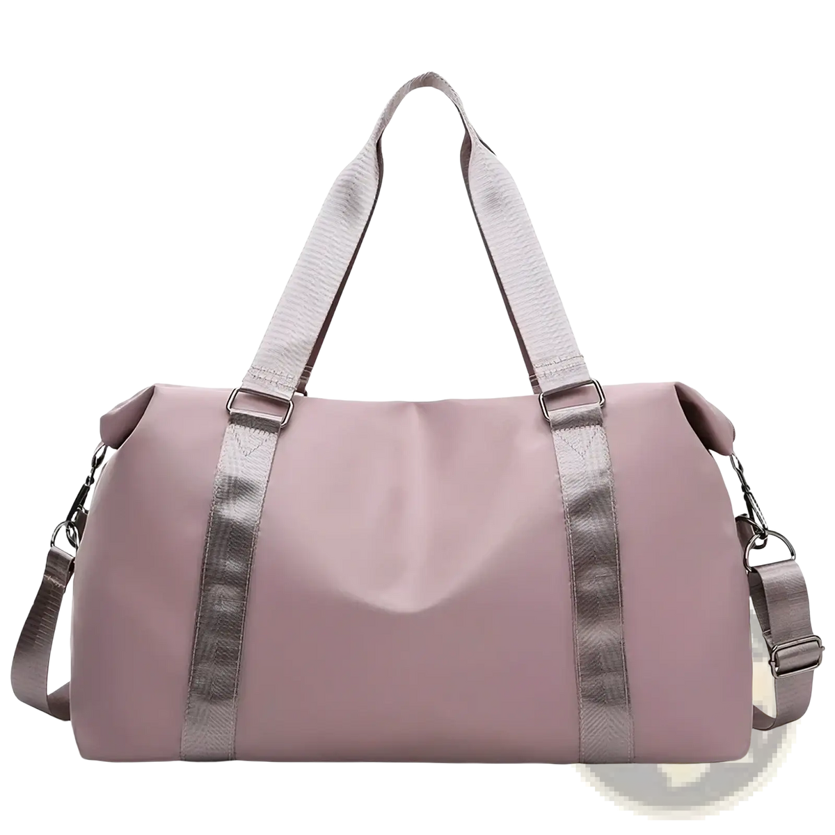 A sleek dusty rose nylon waterproof custom travel duffel bag with silver-toned webbing straps and metal hardware