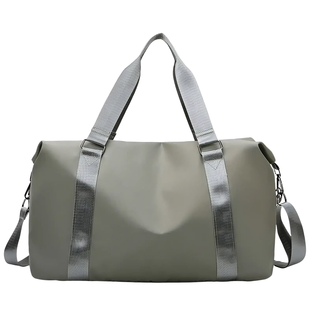 Olive green nylon custom travel duffel bag with silver reflective straps and detachable shoulder strap for women weekender tote