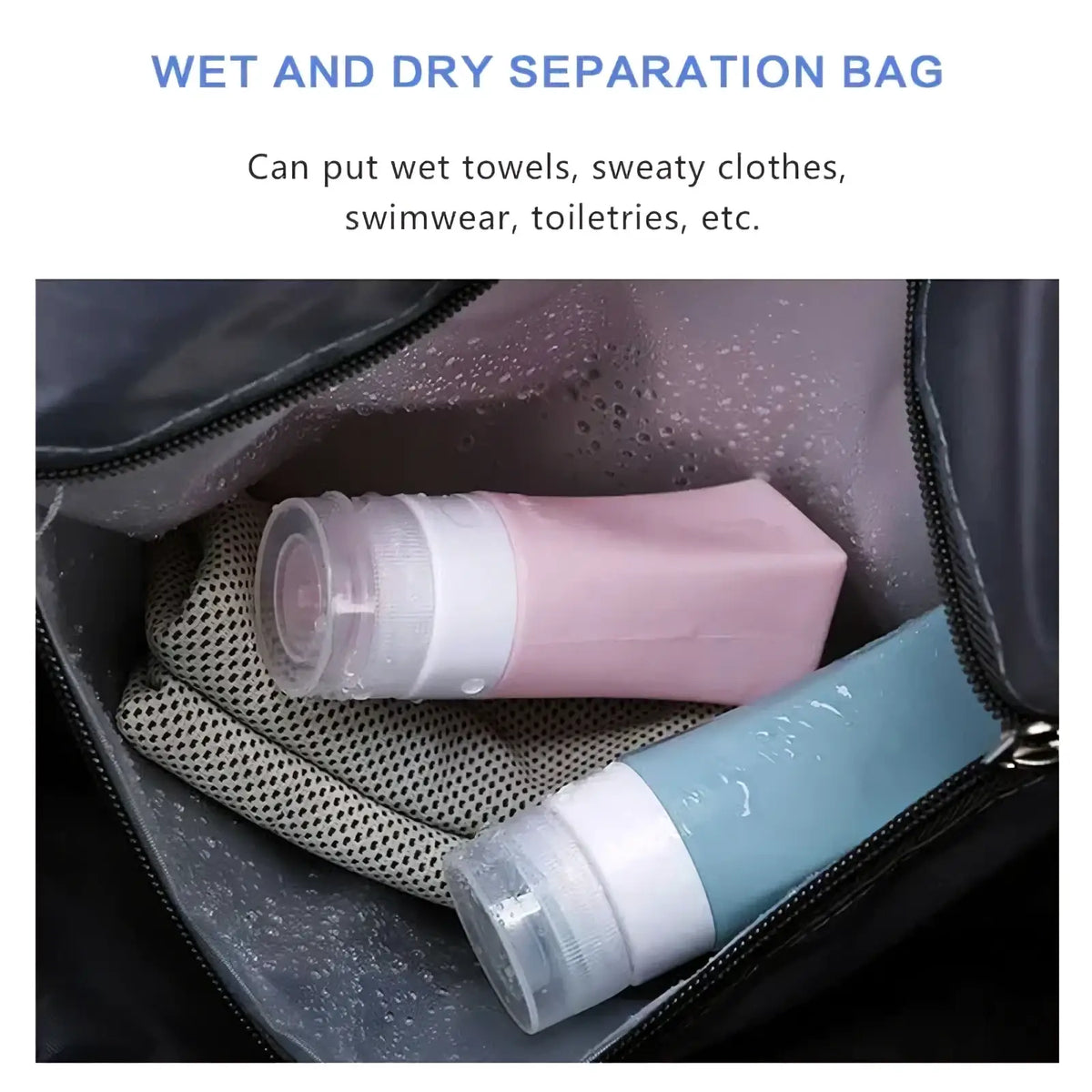 Pink and blue silicone travel squeeze bottles with white caps inside a waterproof wet-and-dry bag in a custom travel duffel bag
