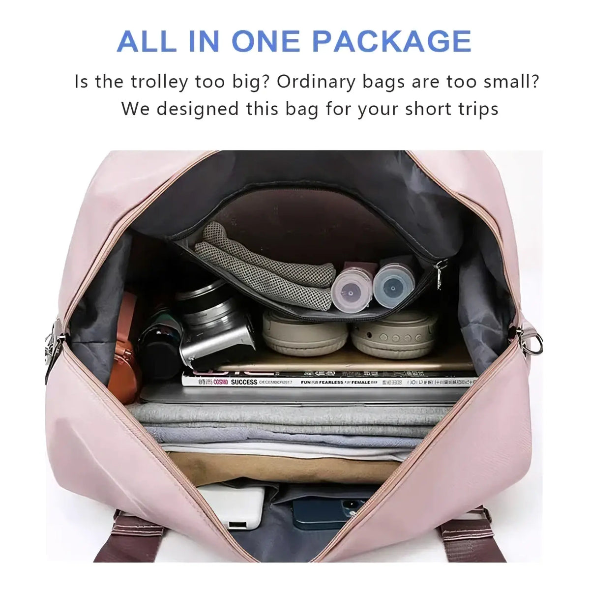 Pink nylon waterproof custom travel duffel bag with dark brown straps and gray interior designed for women weekender trips