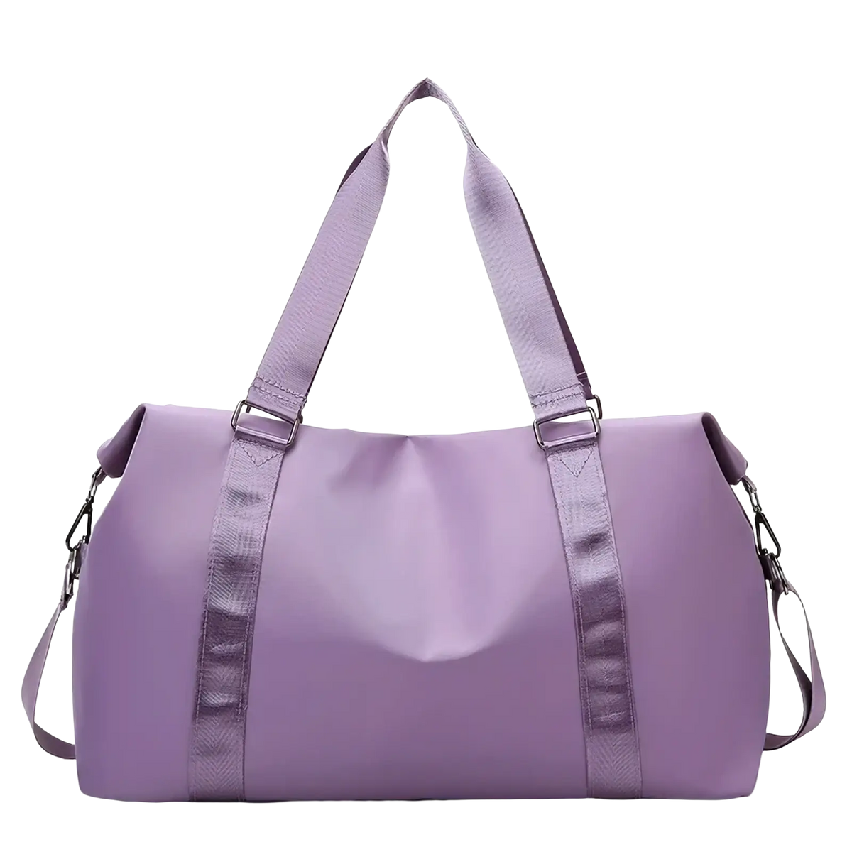Purple nylon custom travel duffel bag with matching shoulder strap and top handles for women weekender use