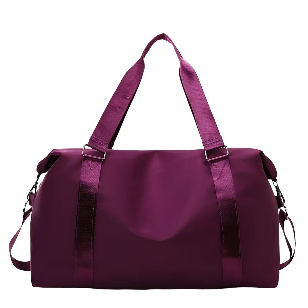 Purple nylon custom travel duffel bag with matching shoulder strap and top handles for women weekender tote