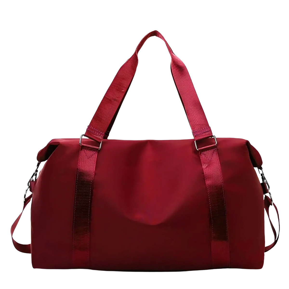 A sleek deep red nylon custom travel duffel bag with sturdy handles and detachable shoulder strap for women weekender use