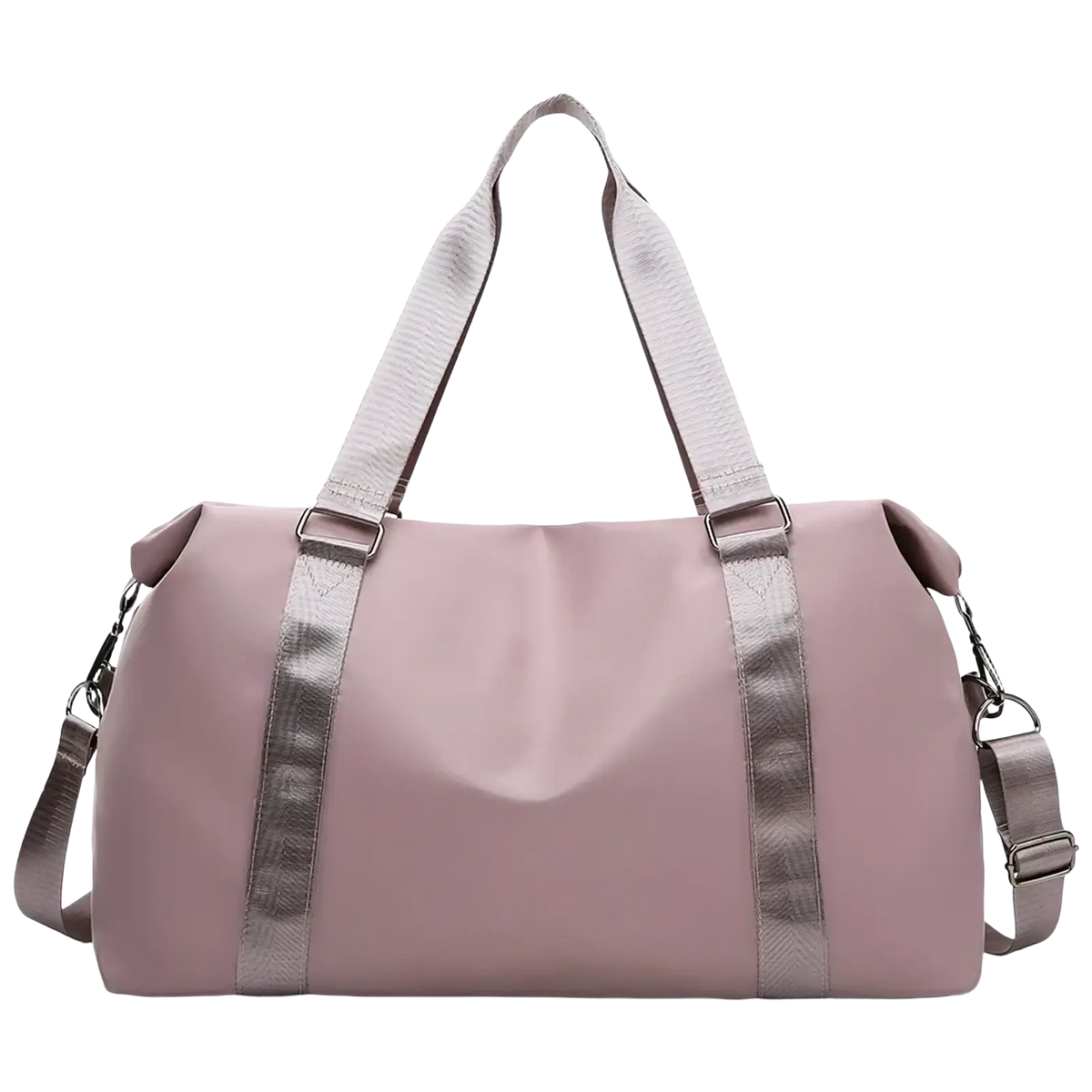 A sleek dusty rose nylon waterproof custom travel duffel bag with silver-toned webbing straps and metal hardware