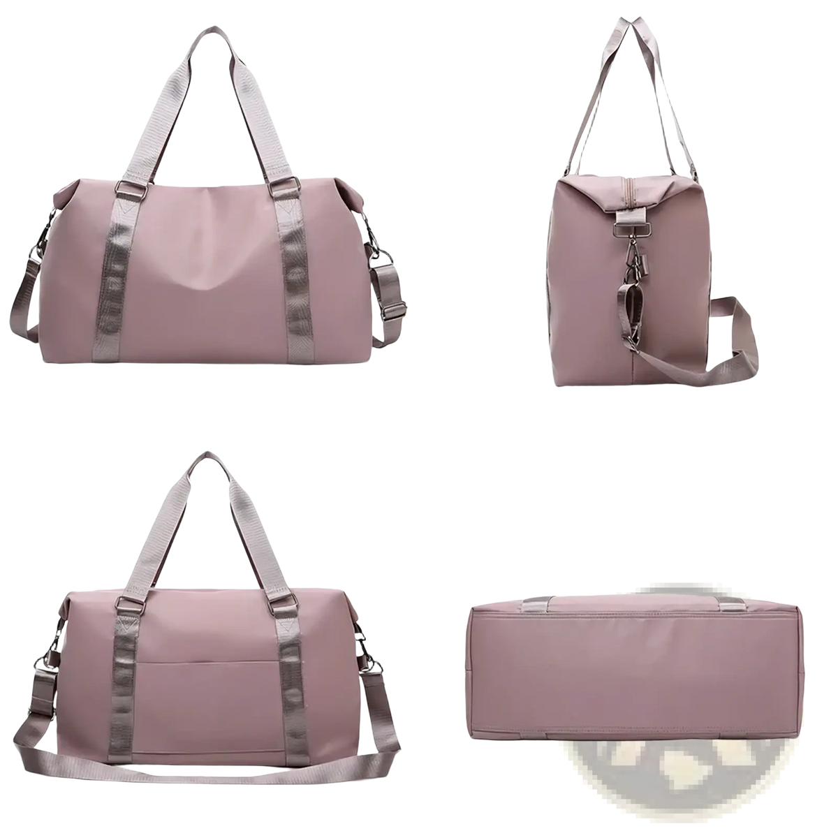 Custom travel duffel bag waterproof women weekender tote in sleek dusty rose with gray reinforced straps and metallic sheen
