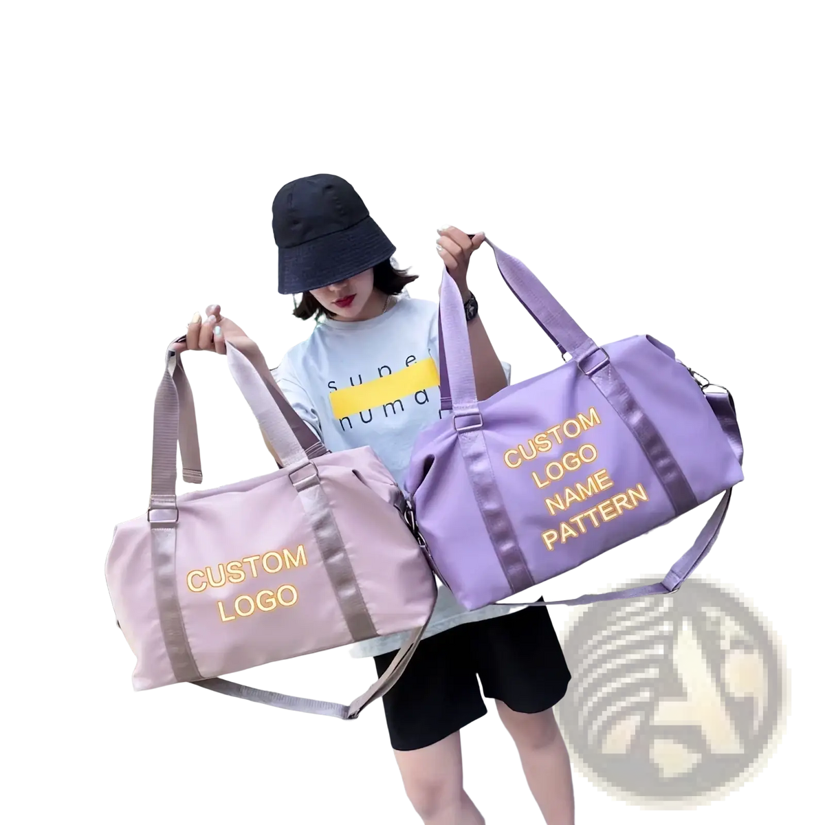 A soft lavender and beige waterproof custom travel duffel bag with gold lettering for women weekender tote