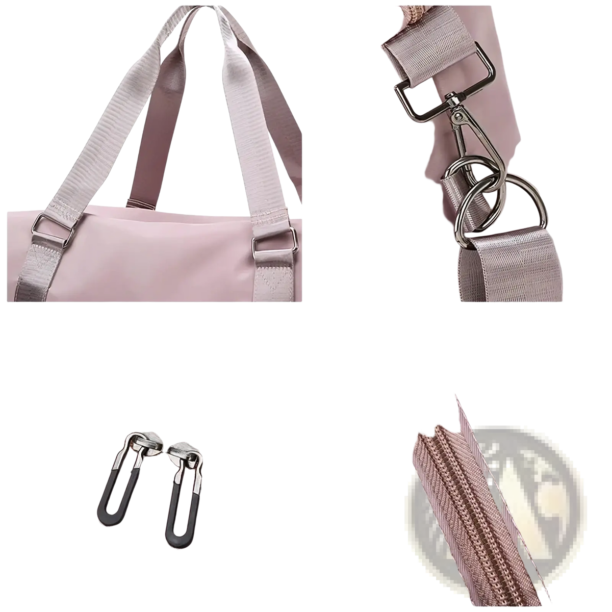 A soft pink nylon waterproof custom travel duffel bag with silver metal hardware and black zipper pulls for women weekender tote