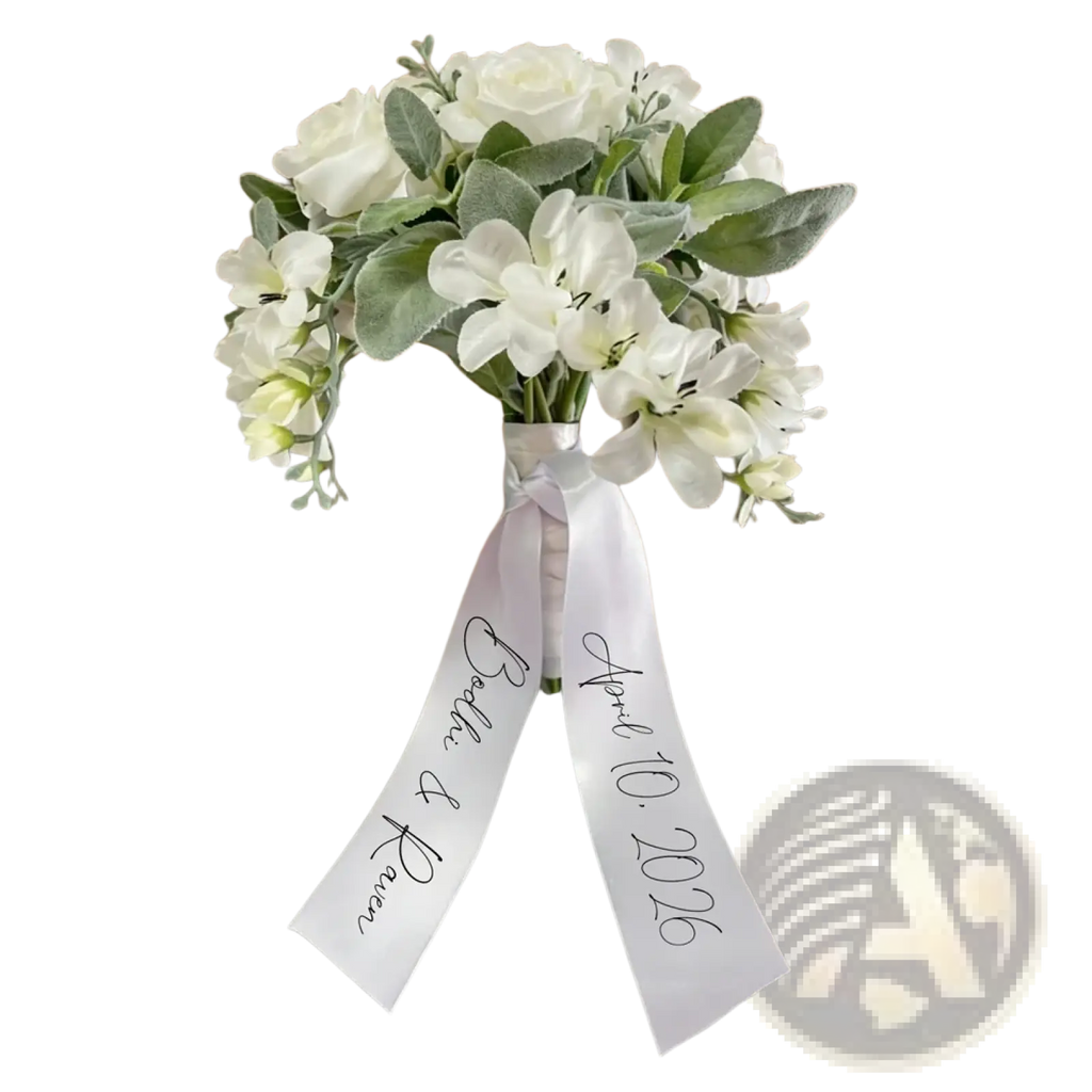 A delicate white floral bouquet with soft greenery tied by a satin ribbon personalized with names and date