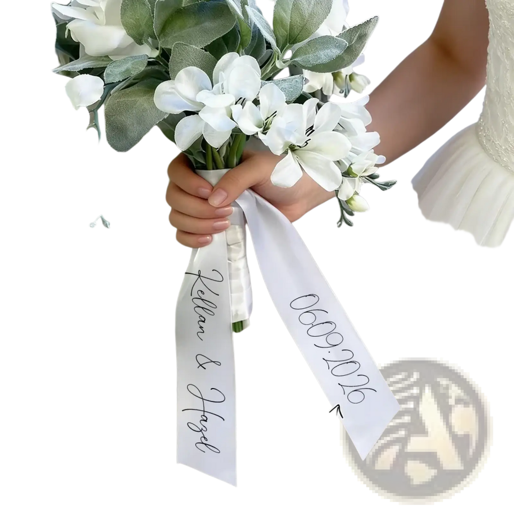 Custom wedding bouquet ribbon featuring delicate white and silver artificial flowers with personalized text ribbons