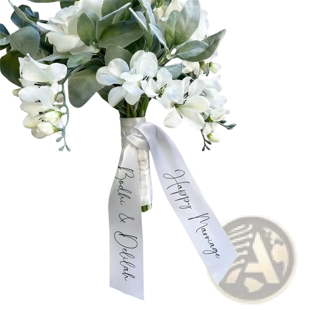 Custom wedding bouquet ribbon tied around a white floral bouquet with delicate blossoms and soft greenery