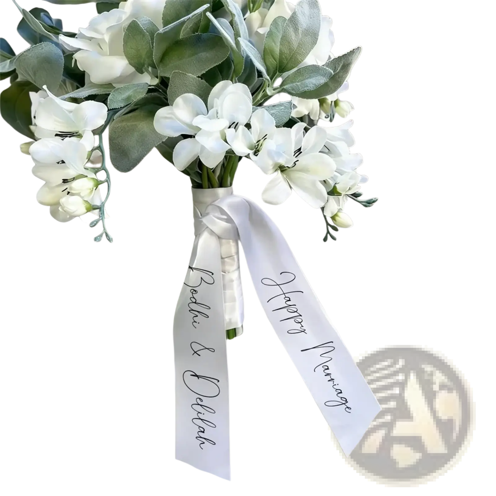 Custom wedding bouquet ribbon tied around a white floral bouquet with delicate blossoms and soft greenery