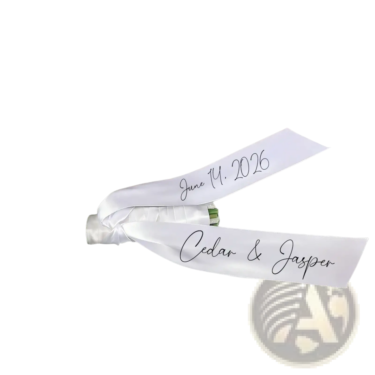 Custom wedding bouquet ribbon in white satin with elegant cursive script displaying personal names and date