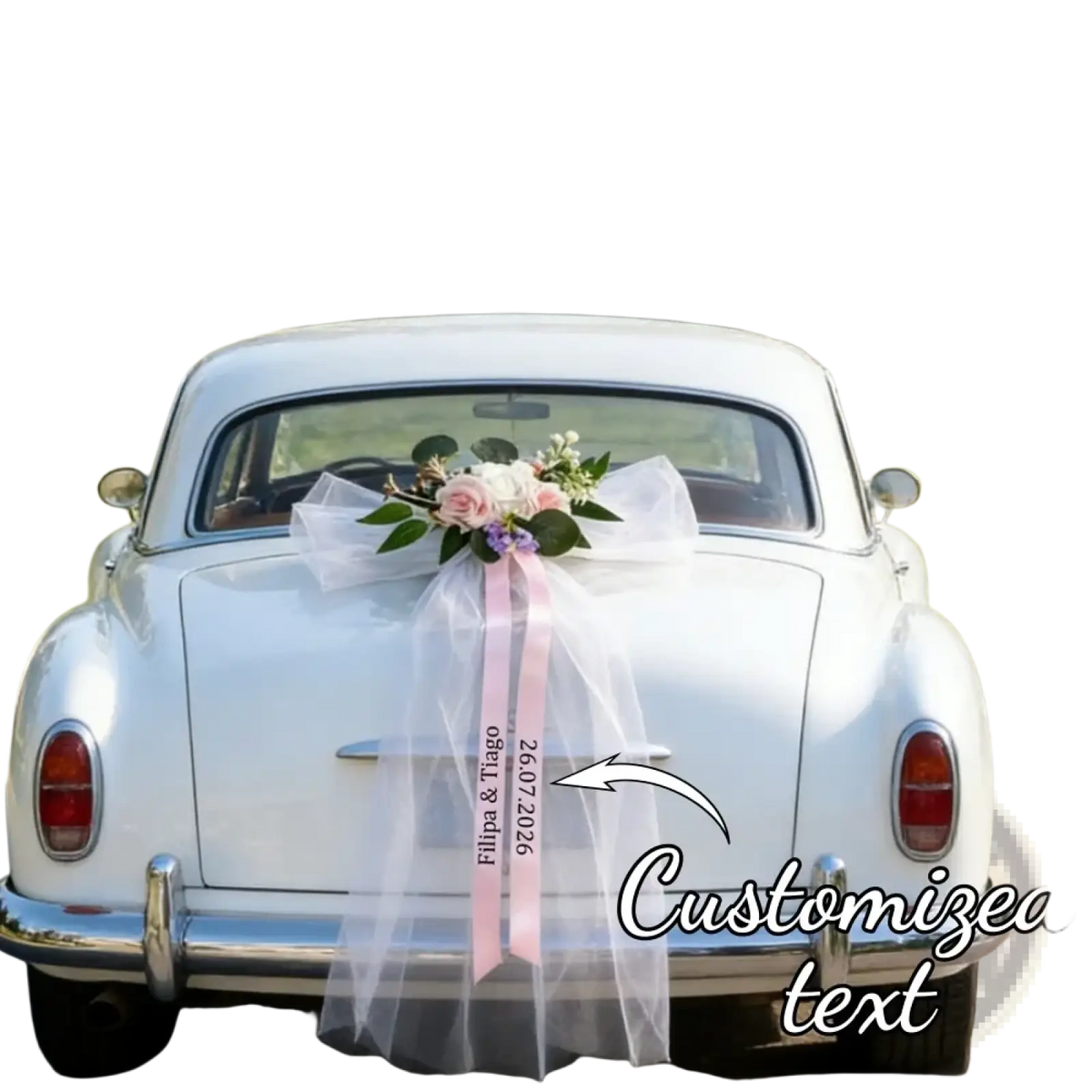 A delicate pink satin ribbon with a sheer white tulle bow and custom engraved text for a wedding floral garland set