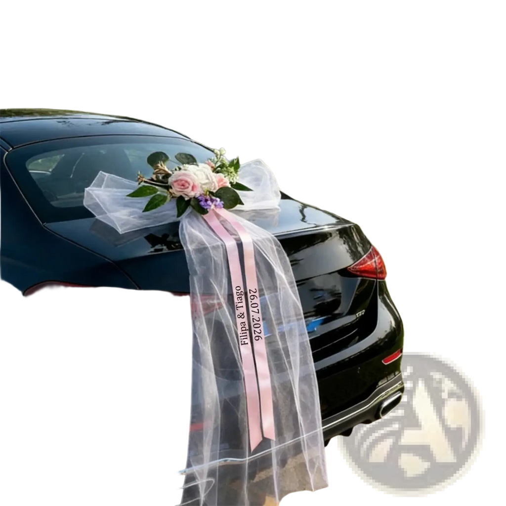 Custom wedding car floral garland and ribbon set with sheer white organza ribbon and pink satin stripe draping from rear of black car