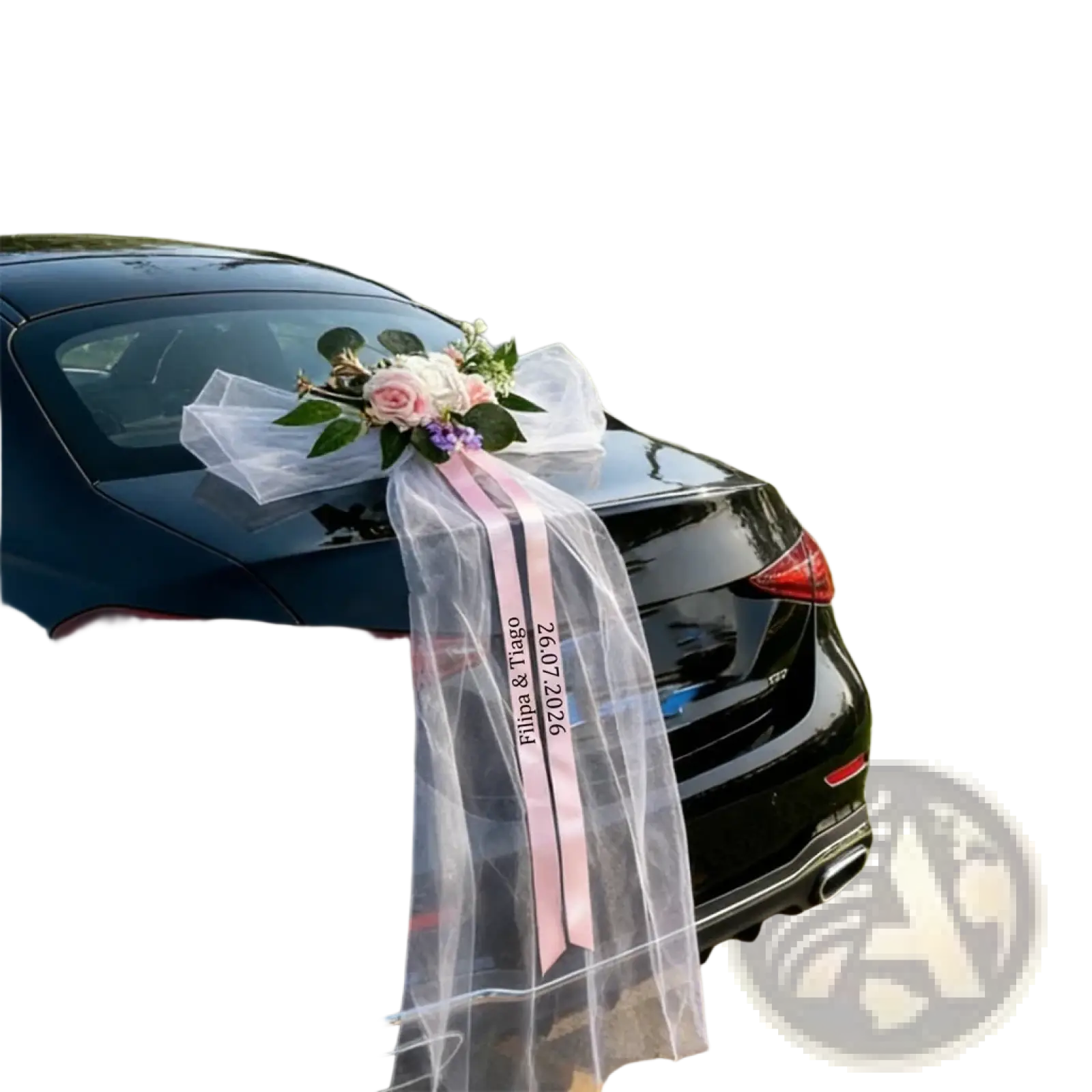 Custom wedding car floral garland and ribbon set with sheer white organza ribbon and pink satin stripe draping from rear of black car