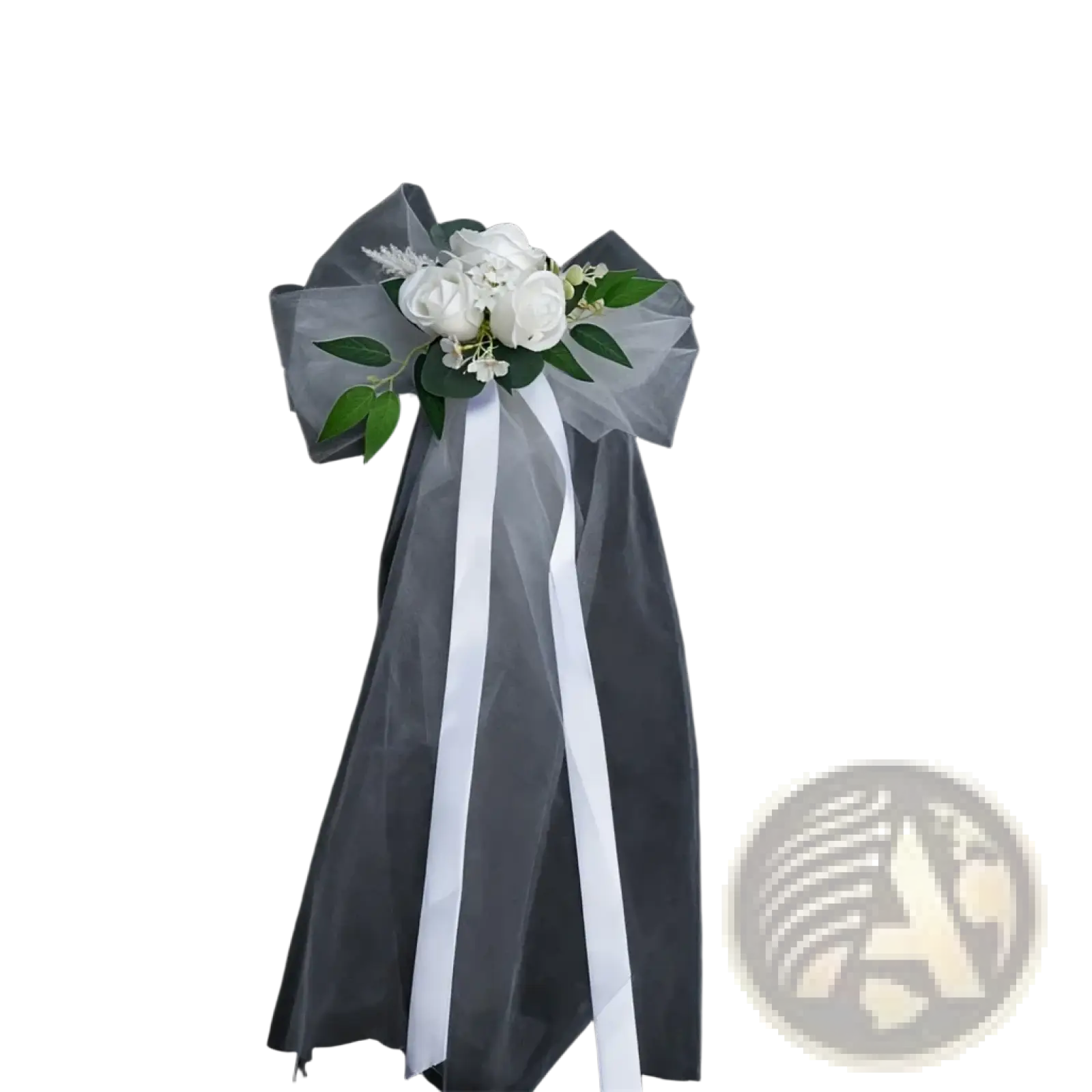 Custom wedding car floral garland with delicate white flowers green leaves wrapped in sheer gray tulle and white ribbons
