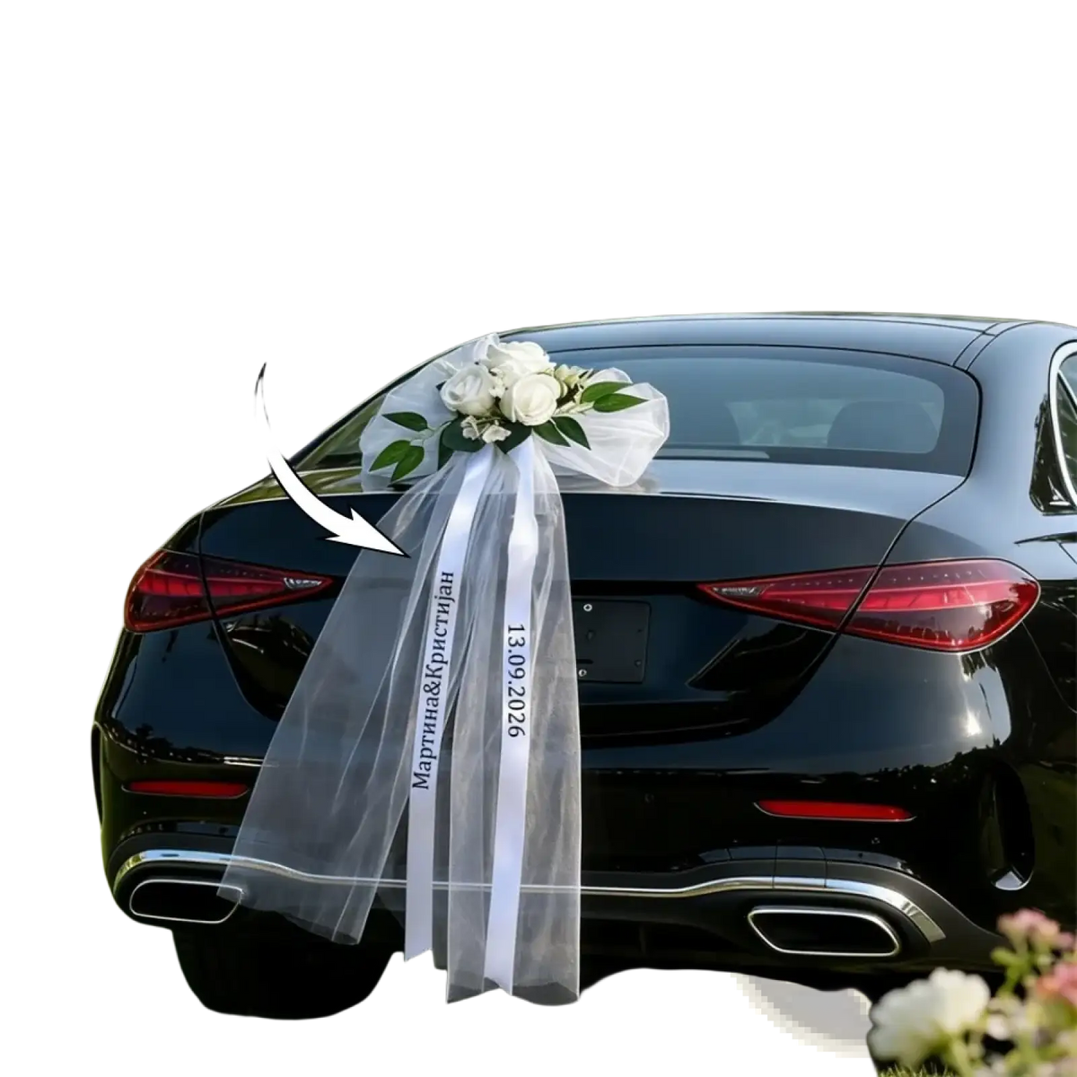 Custom wedding car floral garland and ribbon set featuring white sheer ribbon bow with embroidered names date and white roses bouquet