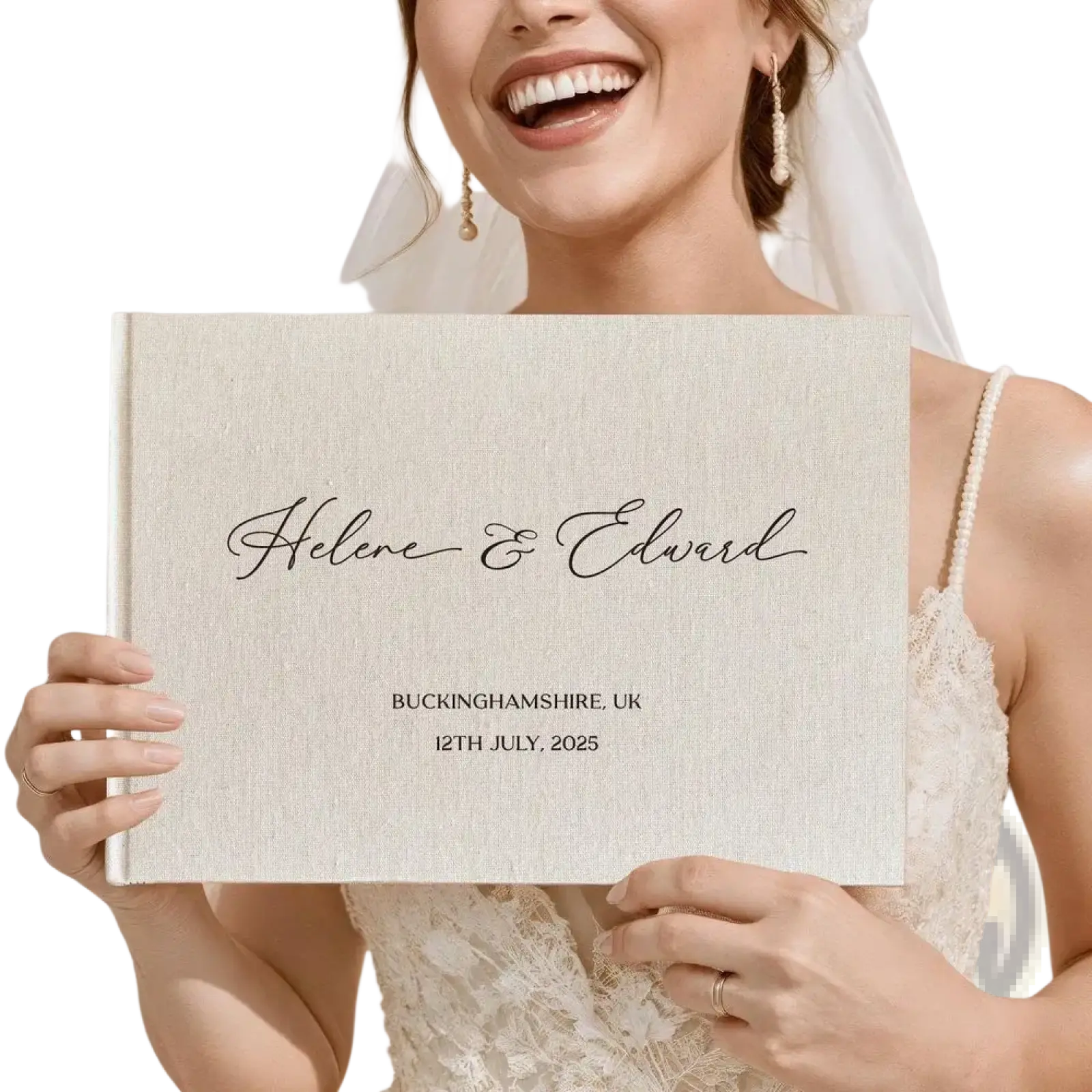 Beige linen textured custom wedding guest book and pen linen photo album with black cursive script and location date details