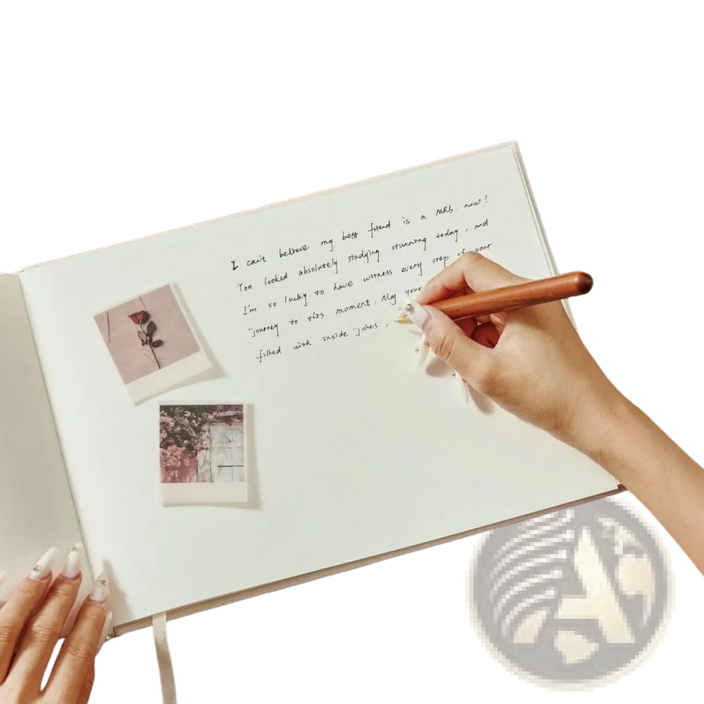 A hand holds a wooden pen writing in a white linen custom wedding guest book with pinned photo album pages