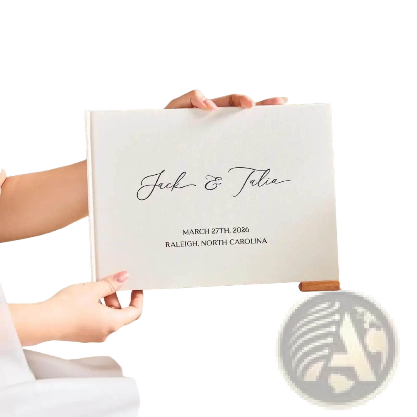Custom wedding guest book and pen linen photo album with white cover black cursive script and printed date location