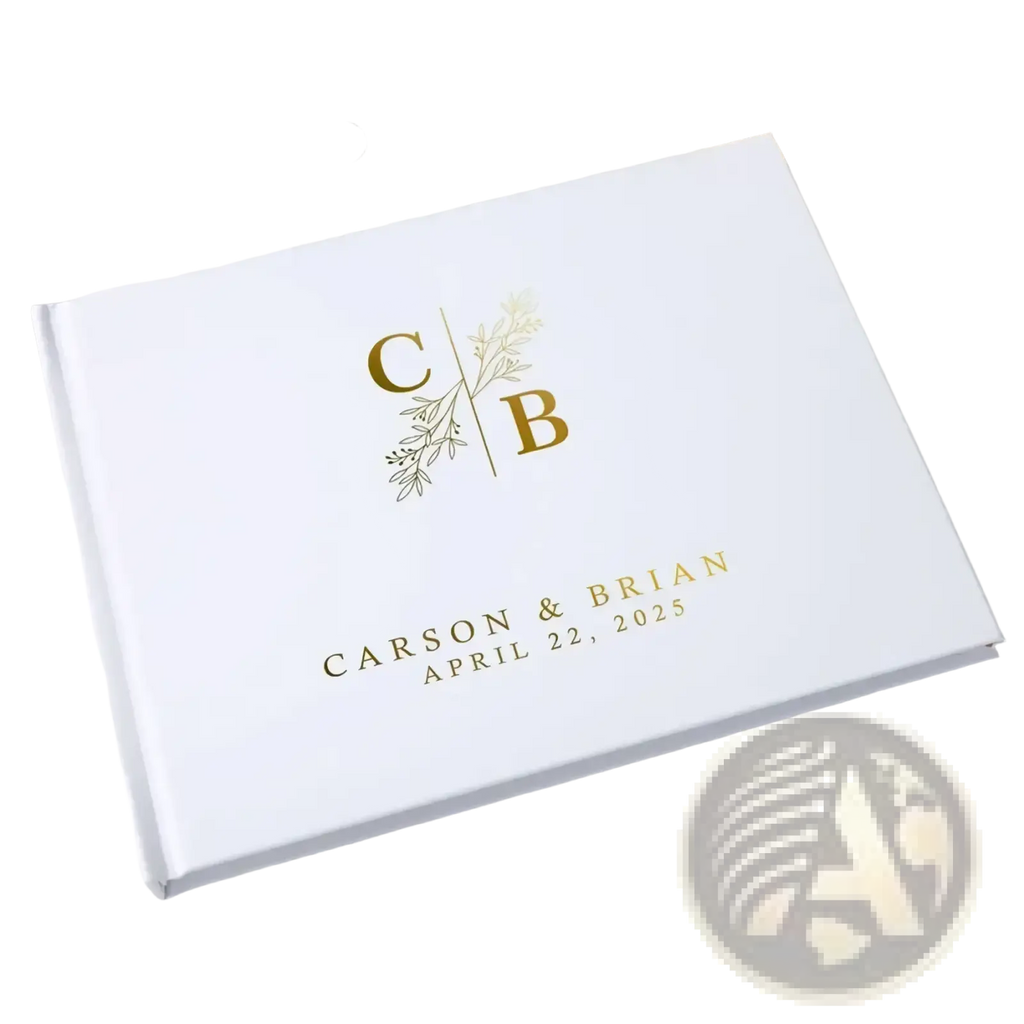 Custom wedding guest book in white with gold foil stamped initials c and b botanical design names and date