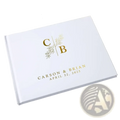Custom wedding guest book in white with gold foil stamped initials c and b botanical design names and date