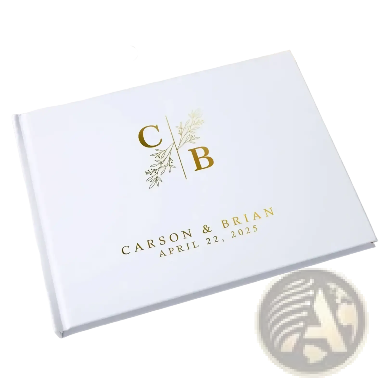 Custom wedding guest book in white with gold foil stamped initials c and b botanical design names and date
