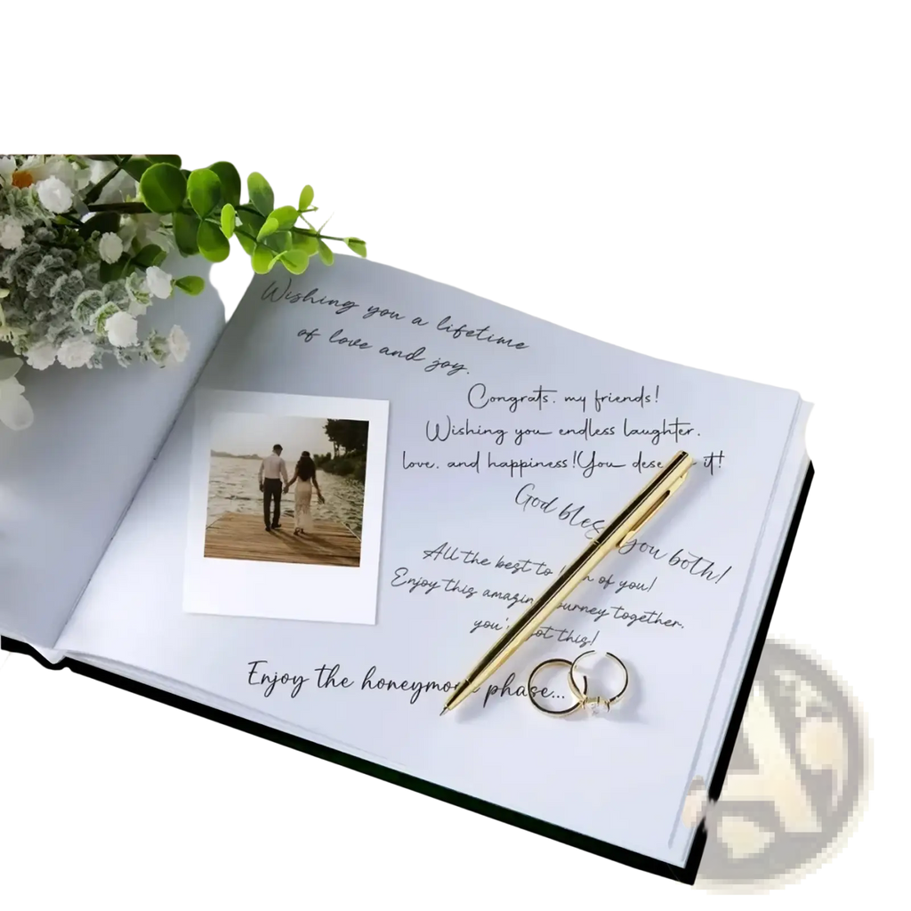 Open personalized guest book with black cover white pages and handwritten messages for custom wedding keepsake