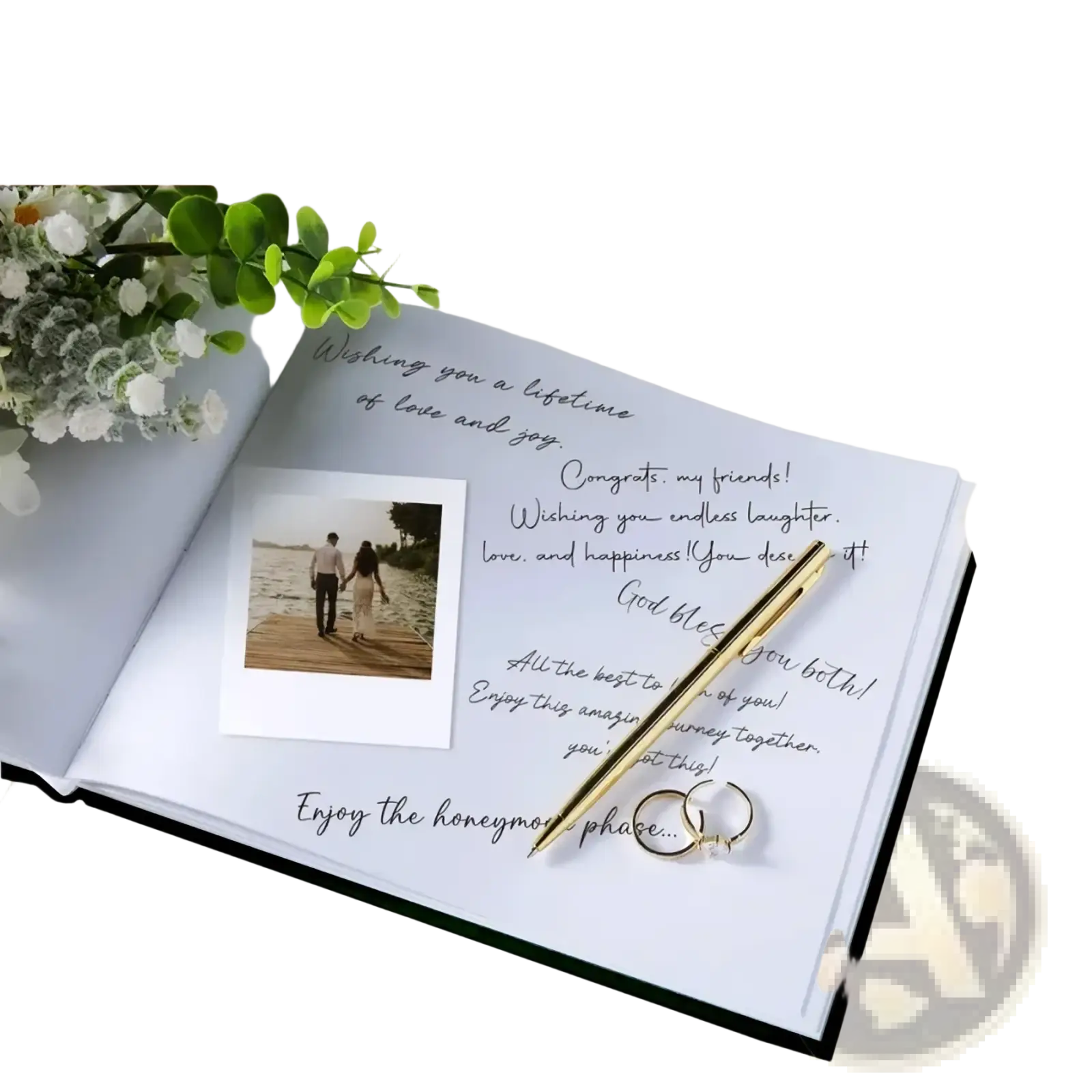 Open personalized guest book with black cover white pages and handwritten messages for custom wedding keepsake