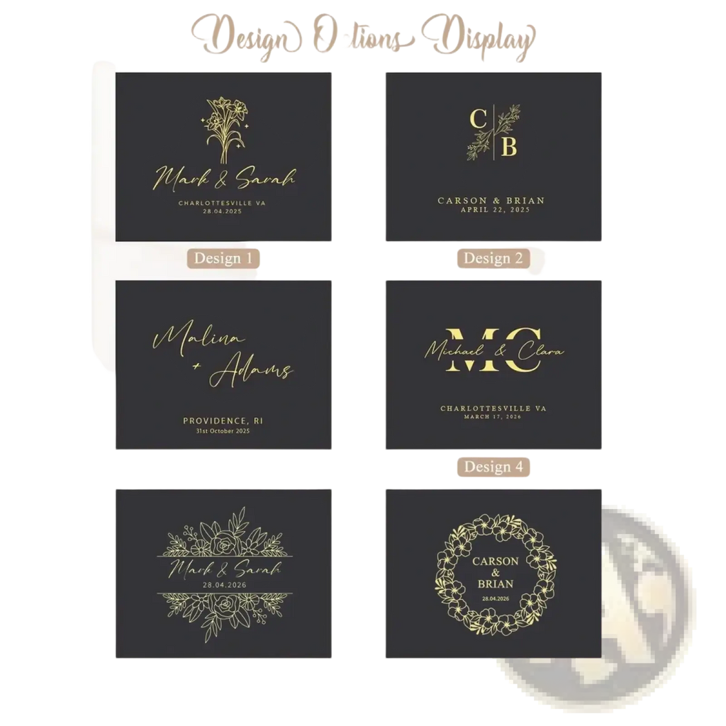 Six elegant black wedding invitations with gold foil lettering and floral or monogram motifs for personalized keepsakes